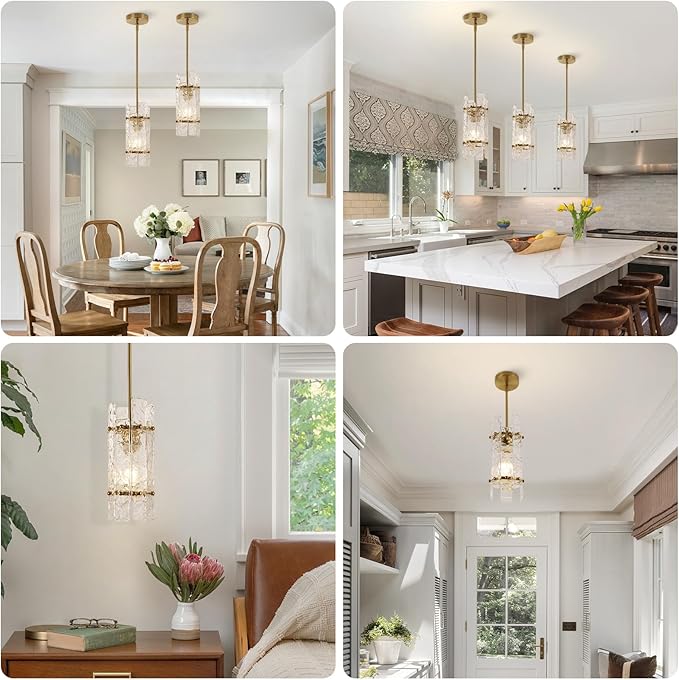 Modern Gold Crystal Pendant Light for Kitchen Island, Luxury Mini Water Ripple Glass Chandelier Lights Fixture, Round Adjustable Hanging Pendant Lighting for Dining Room Bedroom Hallway (1-Pack)
