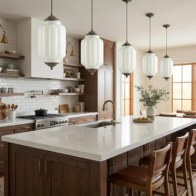 Vintage Milk Glass Pendant Lights Kitchen, Brass color Glass Ceiling Light Fixture, Retro Industrial Pendant Lighting for Dining Room, Kitchen,, Entryway, Hallway (Gold metal + white glass., 5.5in)