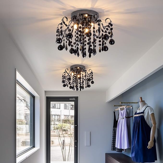 Q&S Crystal Ceiling Light Fixture Small Chandelier, Semi Ceiling Light Flush Mount, Mini Ceiling Fights for Bedroom, Aisle, Hallway, Closet,Entrance,Stairs,3 Lights E12