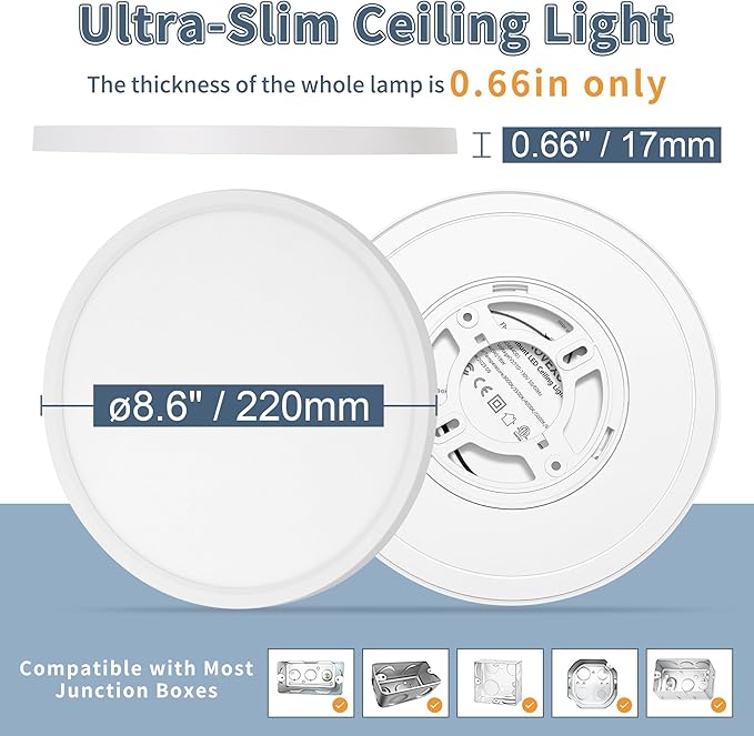 8.6 Inch 6PK LED Flush Mount Ceiling Light, ETL,18W, 1822LM, 3000K/3500K/4000K/5000K/6500K CCT Selectable, 0.66in Ultra Thin Round Flat Panel Ceiling Light Fixture for Bedroom, Kitchen (White)