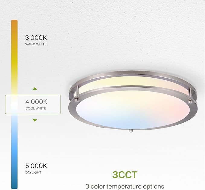 ASD LED 16" Round Flush Mount Lighting, Close to Ceiling Light Fixture | 3CCT, Dimmable, Energy Star, ETL Listed | 24W 1854LM 3000-5000K 120V | Low Profile Double Ring Lamp | Nickel