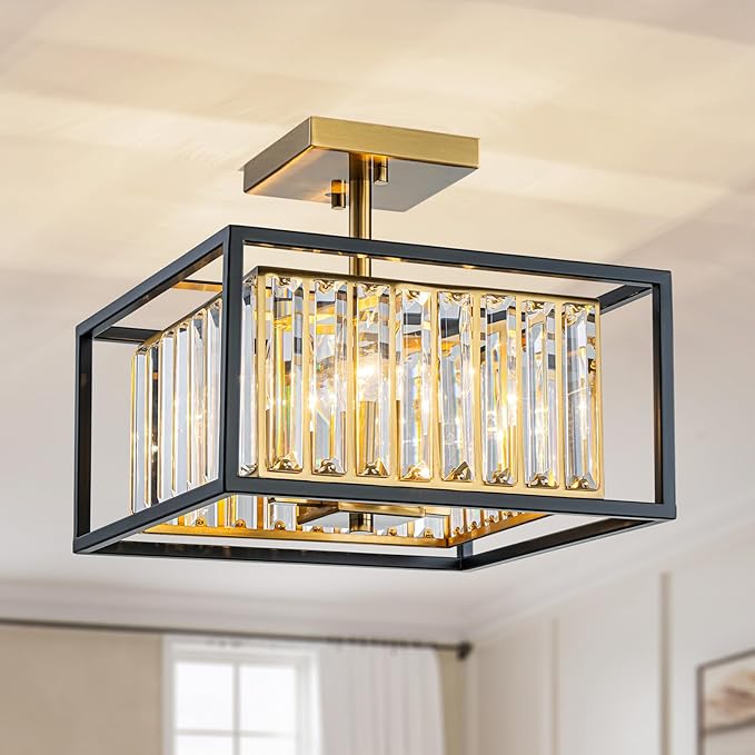 LumFurn 4-Light K9 Crystal Ceiling Light, 2-Tier Square Semi-Flushmount Light Fixture for Living Room, Foyer, Bedroom, L12 x W12 x H7inch, Clear Crystal & Black & Gold Finish