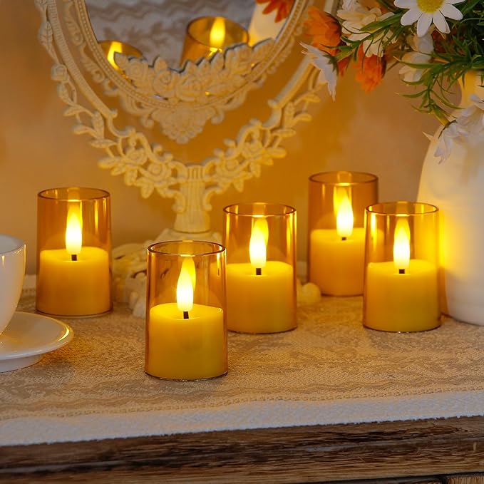 Flameless Small Tea Light LED Candles, Acrylic Battery Operated Votive 1.7" x2.5" with Remote Control and Timer, Tealight Amber Flickering Warm Light Pack of 8 Electric Long Lasting