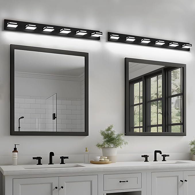 LED Modern Bathroom Light Fixtures, 6-Light 48-Inch Matte Black Vanity Lights for Bathroom Lighting Fixtures Over Mirror, 6000K Cool White 350° Rotatable Wall Lamp