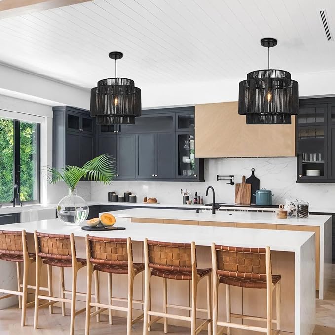 16 Inch Large Natural Simple Hand Weaved Rattan Pendant Lamp, Coastal Beach Black Rope Hanging Pendant Light Fixture for Dining Room Living Room Bedroom Kitchen Foyer
