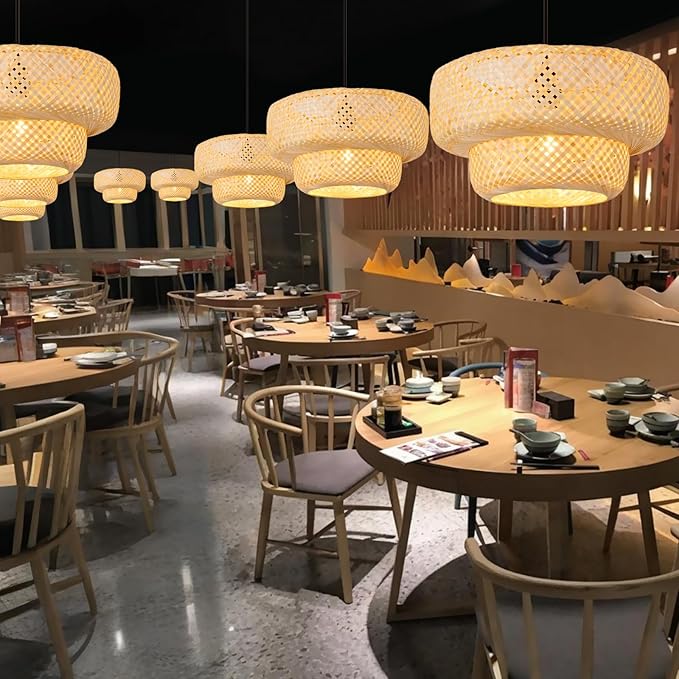 Boho Bamboo Pendant Light 17.72" Beige Wicker Chandelier Handmade Rattan Dining Room Lights Farmhouse Hanging Lighting Fixture for Kitchen Island Bedroom Living Room Hallway Coffee Restaurant