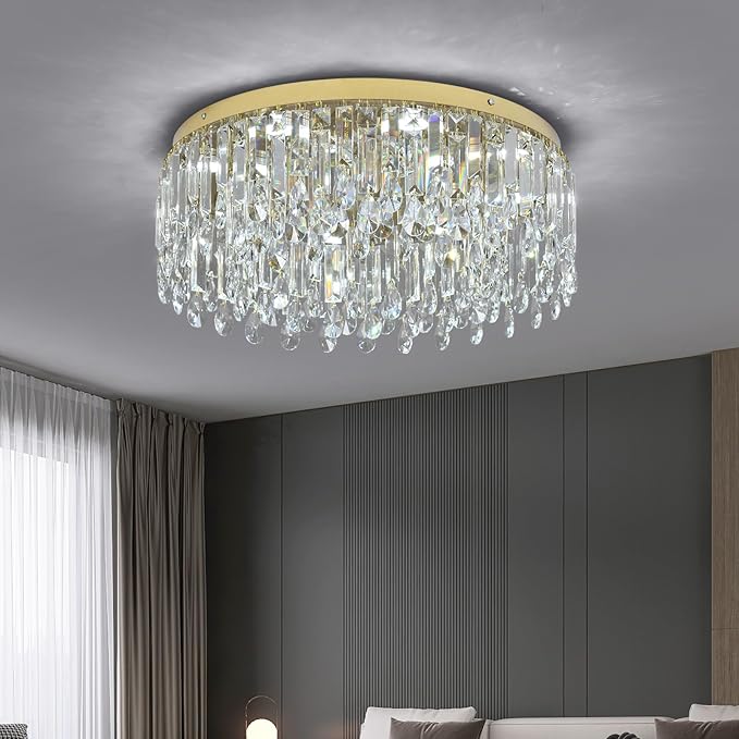 Deckrico 19.7" Gold Crystal Chandelier, Modern Flush Mount Ceiling Light Fixture Luxury Tri-Color LED Lighting for Living Room Dining Room Bedroom