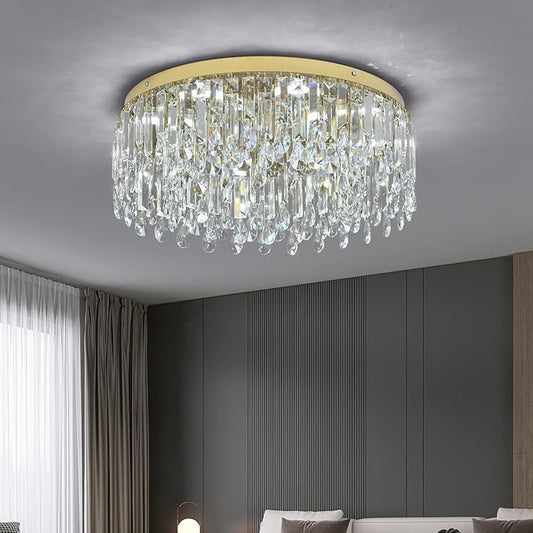 Deckrico 19.7" Gold Crystal Chandelier, Modern Flush Mount Ceiling Light Fixture Luxury Tri-Color LED Lighting for Living Room Dining Room Bedroom