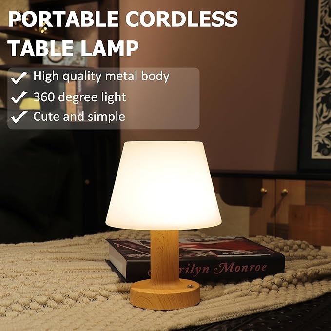 HAPYGI Small Mushroom Table Lamp, Cordless Night Light with 2600mAh Rechargeable Battery, Stepless Dimming Desk Lamp with 3 Colors for Bedroom/Patio/Living Room (Black-2)