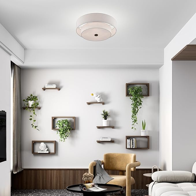 Livex Lighting 51085-92 4-Light Semi Flush Mount Ceiling Fixture with Oatmeal Color Fabric Hardback Drum Shade and Satin White Diffuser, English Bronze