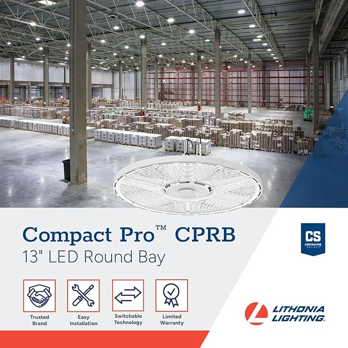 Lithonia Lighting Compact Pro Round LED High Bay Light, Ceiling Lighting Fixture, Adjustable 12000/15000/18000 Lumens, Selectable 4000K/5000K, UVOLT 120–347V, White (CPRB ALO13 UVOLT SWW9 80CRI DWH)