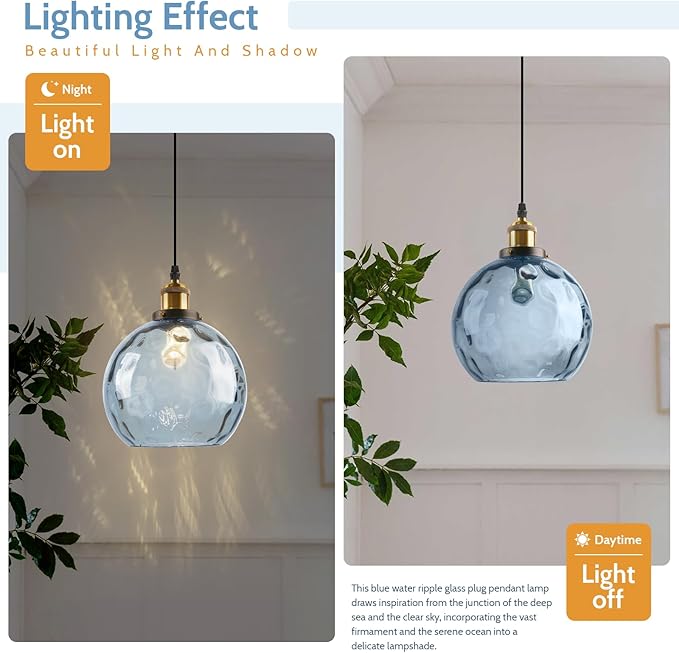 Blue Hanging Lamp Plug in 2 Pack, Hammered Glass Hanging Lights with 14.75Ft Plug in Cord, Globe Pendant Light Plug in Chandelier Ceiling Fixture for Dining Room Kitchen Bedroom