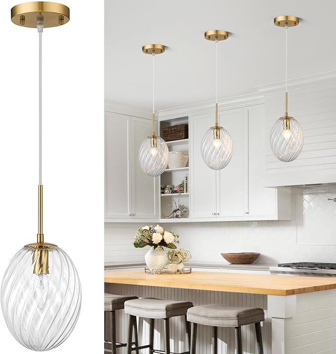 Glass Pendant Lights Kitchen Island Gold Pendant Light Fixtures with Hand-Blown Clear Glass Hanging Light Brass Gold Pendant Lighting for Kitchen Sink Bedroom Dining Room, E12