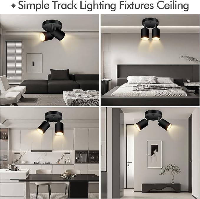 2 Light Track Lighting Fixtures Ceiling, Matte Black Round Directional Ceiling Spotlight, GU10 Flush Mount Track Fixture, Adjustable Modern LED Track Lights for Kitchen/Living Room, Bulb Not Included