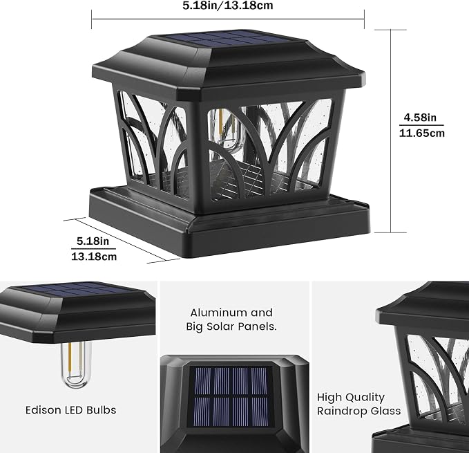 SIEDiNLAR Solar Post Cap Lights Outdoor, Aluminum Glass 2 Modes Edison LED Bulbs for 4x4 5x5 6x6 Vinyl/Wooden Posts Patio Deck Fence Decor, Warm White/Cool White Lighting 4 Pack (Black)