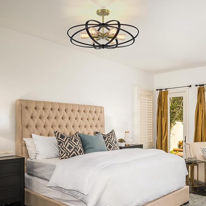 Semi Flush Mount Ceiling Light Fixture Chandelier 25''Black Gold Bedroom Ceiling Lights 6-Light Foyer Chandelier Style Flower Shape Porch Light Fixture for Entryway,Laundry room,Kitchen,Farmhouse