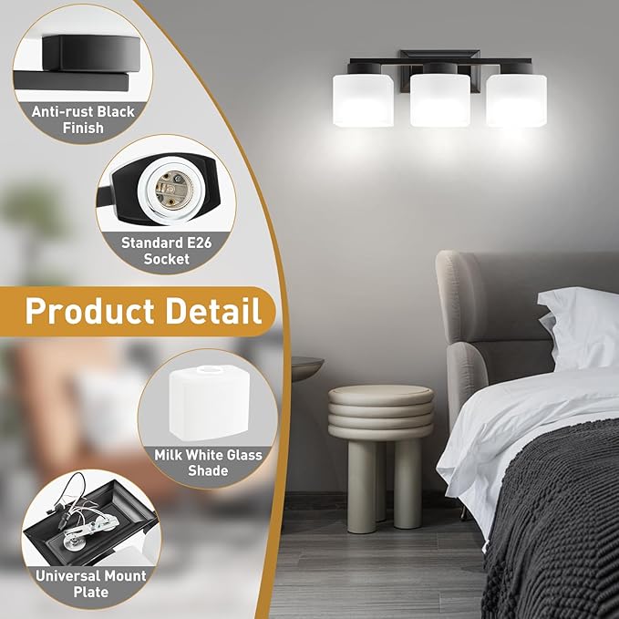 EJIAXIN 3-Light Bathroom Light Fixtures - Black Bathroom Vanity Lights with Frosted Glass Shade Modern Bathroom Lighting Fixtures Over Mirror - Wall Sconce Lamps for Bedroom,Living Room,Hallway