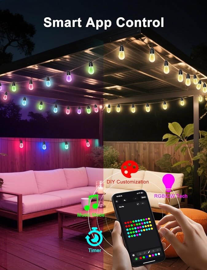 150ft String Lights for Outside, Smart RGB IC Warm White Patio Lights Outdoor Waterproof with Remote & App Control, Compatible with Alexa Great for Porch, Yard, Pergola