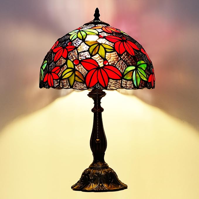 Tiffany Style Stained Glass Table Lamp, Maple Leaf Desk Light with Antique Bronze Resin Base, Multicolor Reading Lighting for Bedroom, Living Room, Office 12”X12“X19 (Maple-Purple Blue)