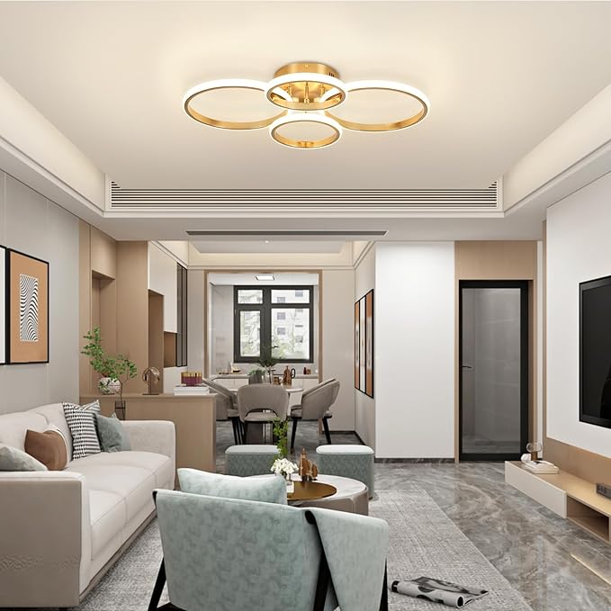 Dimmable Modern LED Ceiling Light, 4 Rings 3000K-6000K LED Gold Close to Ceiling Light, Flush Mount Ceiling Lights Fixture for Bedroom, Kitchen, Laundry Room,Office