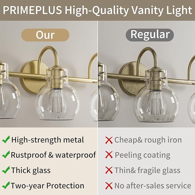 4-Light Gold Bathroom Vanity Light Fixtures, 24 Inch Over Mirror with Clear Glass Shade Wall Mounted Sconces for Bathroom, Living Room, Hallway, E26 Base