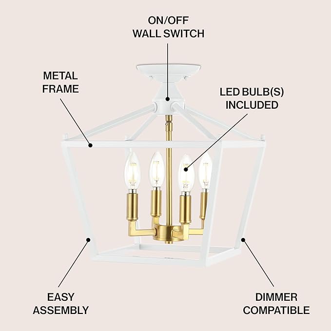 JONATHAN Y 12" White/Brass Gold Modern Farmhouse Pagoda 4-Light LED Semi Flush Mount Lantern, Metal Ceiling Light Fixture for Kitchen, Hallway, Entryway, Bedroom, Hardwired (JYL7610F)