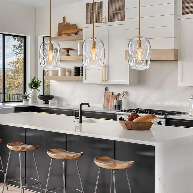 Glass Pendant Lights Kitchen Island -1 Light Gold Hanging Light Fixture Bar Modern Pendant Lighting Ceiling with 9.6" Height Clear Thick Organic Glass Shade for Kitchen Sink Dining Table,E26,1 Pack