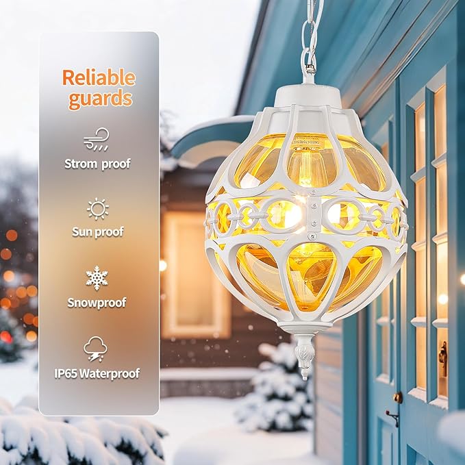 Globe Outdoor Pendant Lights,Vintage Exterior Hanging Pendant Light Fixtures with Adjustable Chain, Aluminum White Outdoor Chandelier for Porch, Gazebo, Entryway,No Sensor,Large