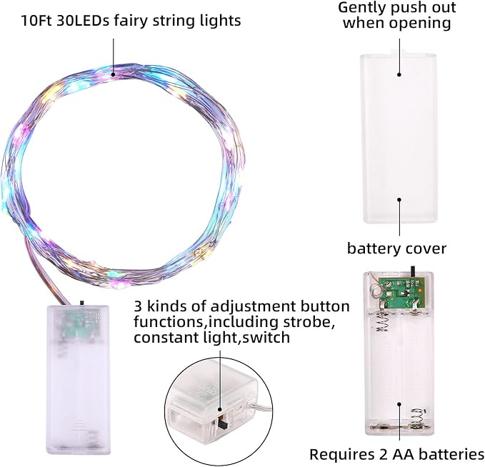 Mandiq 4 Pack Fairy Lights Battery Operated, String Lights 10ft 30 LEDs, Flashing and Constant Light Mode, Silver Wire Mini Lights for Festival, Christmas Decoration, Multicolor…