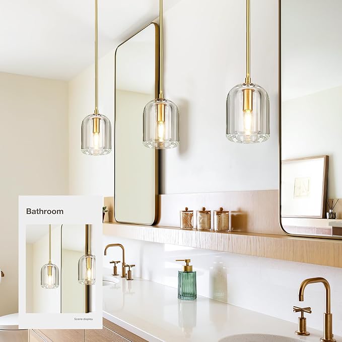 Brass Pendant Light Fixtures,5.1" Modern K9 Crystal Gold Pendant Lights for Kitchen Island Dining Room Living Room Bedroom Bathroom,E12 Bulb Included