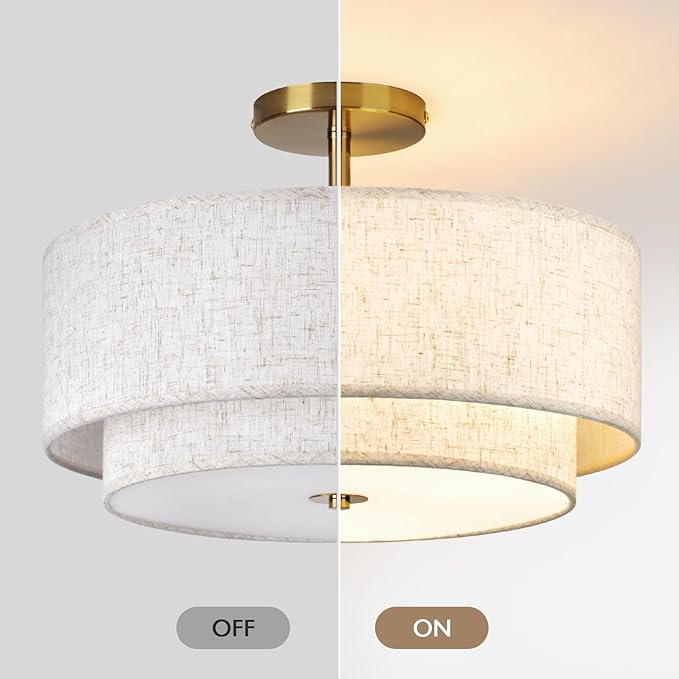 16" Double Drum Gold 3-Light Semi Flush Mount Ceiling Light, Classic Fabric Linen Shade Design for Living Room, Bedroom, Kitchen, Dining Room, Hallway and Entryway