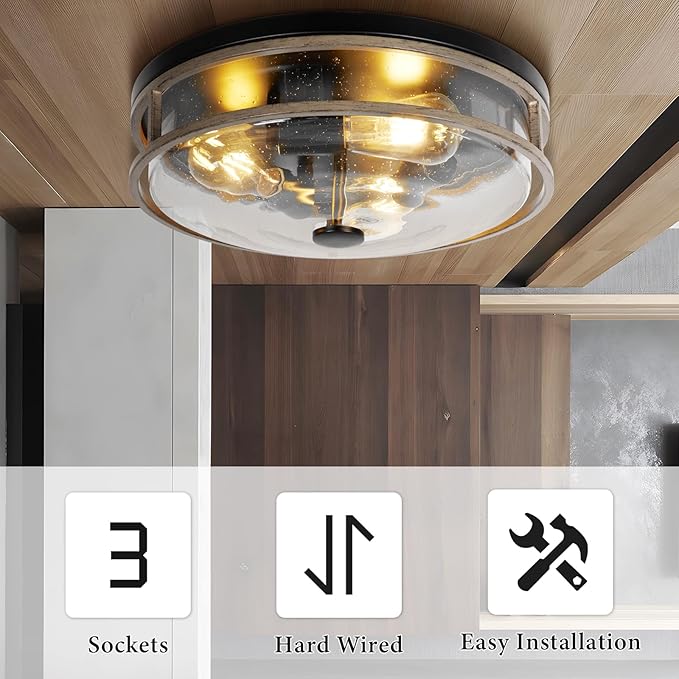 16 Inch Large Flush Mount Ceiling Light Fixture with Seeded Glass, Wood Grain Round Ceiling Lamp Shade, Modern Farmhouse Indoor Outdoor Ceiling Lighting for Kitchen Dining Living Room Foyer