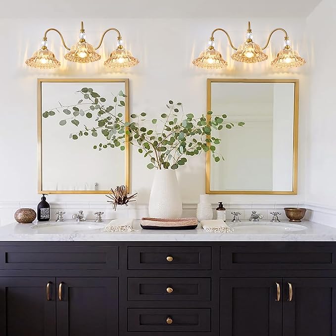 Mid Century Bathroom Light Fixtures 3 Lights Brushed Gold Vanity Lights for Bathroom with Floral Amber Crystal Glass Shade Bathroom Vanity Lighting Fixtures Over Mirror for Bedroom Living Room Hallway