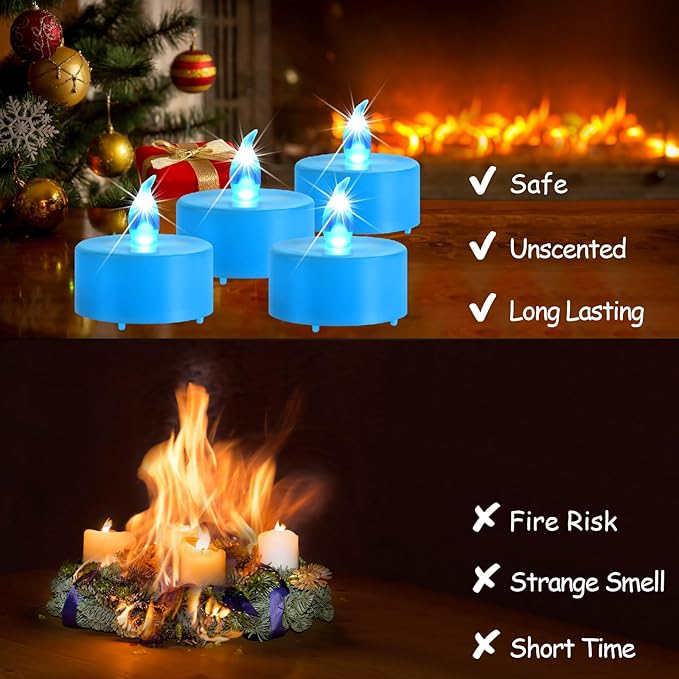 Flameless Tea Lights Candles, Battery Operated Led Electric Fake Candle, 50 Pack Realistic Flickering Votive Tealight Bulk, Long Lasting 200+ Hours,for Wedding Party Home Decorations (Blue)