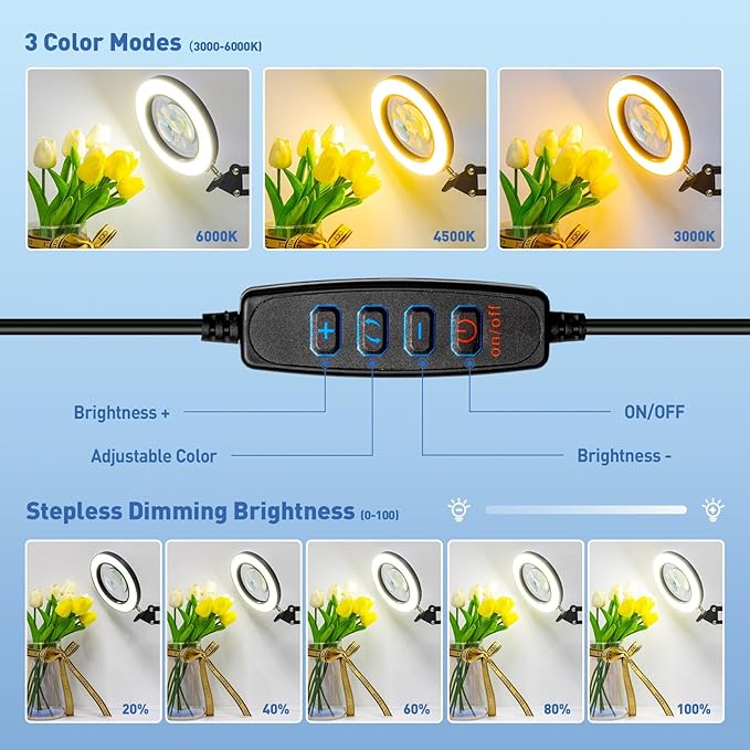 HITTI 30X & 10X Magnifying Glass with Light, 1800 Lumens Stepless Dimmable, 3 Color Modes, 4.2″ Real Glass Lens LED Desk Lamp with Clamp, Magnifier Light and Stand for Craft Reading Jewelry-Black