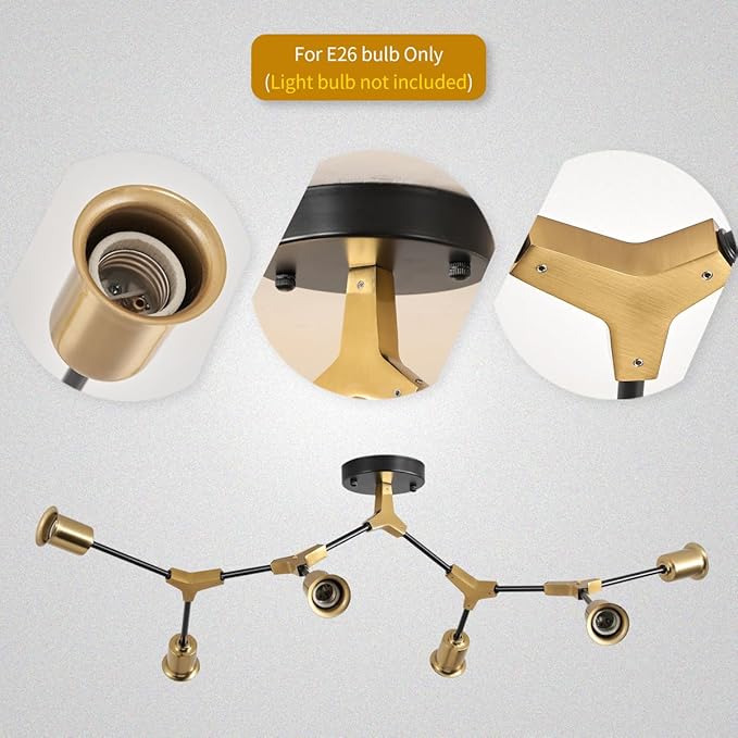 Modern Mid Century Gold and Black Large Sputnik Semi Flush Mount Ceiling Light Fixture for Bedroom Dining Room Living Room Kitchen Hallway Office,Metal 6 Light Long Chandelier