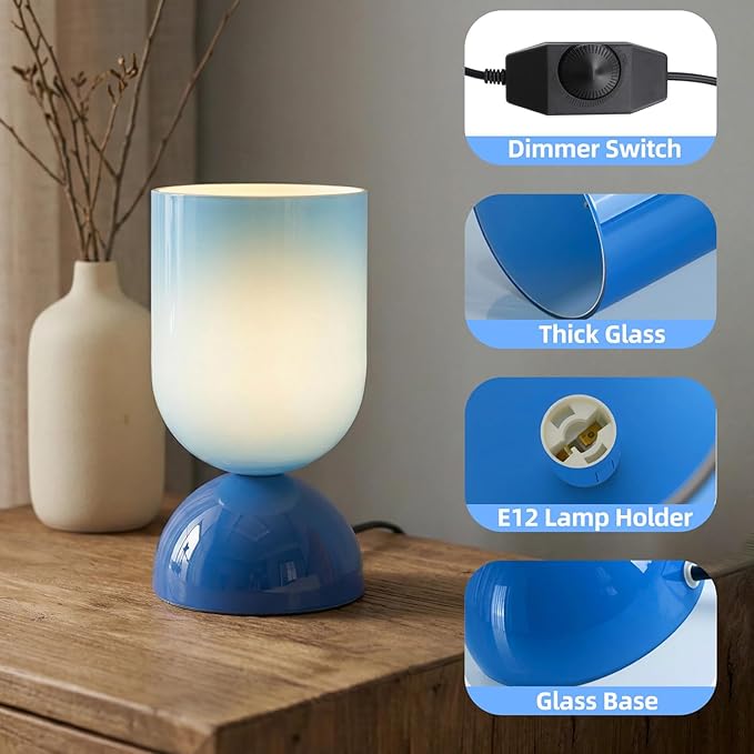 8.9" Modern Glass Table Lamp for Living Room, Dimmable Desk Lamps for Bedroom, UL Listed Nightstand Lamp with Dome Base, End Table Lamps for Home, Side Tables, College Dorm, Office, Glossy Blue