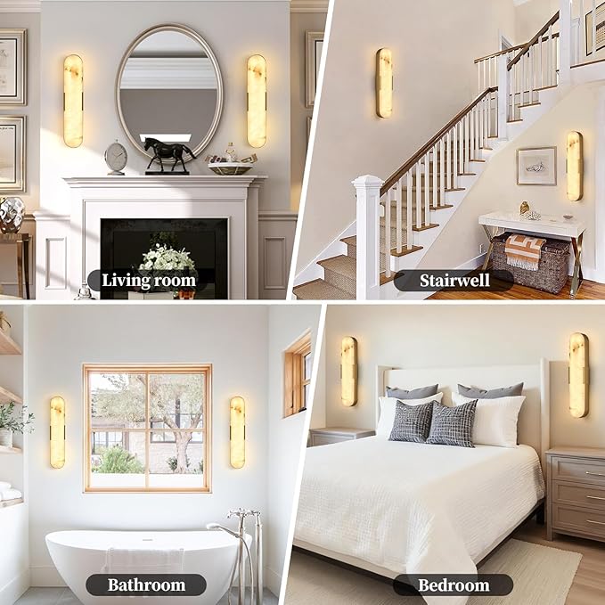 Modern Alabaster Wall Sconce 20" Gold Spanish Natural Marble LED Wall Lights Indoor Brass Wall Lighting Bathroom Vanity Light Fixtures Wall Lamps for Bedroom Hallway Dining Room