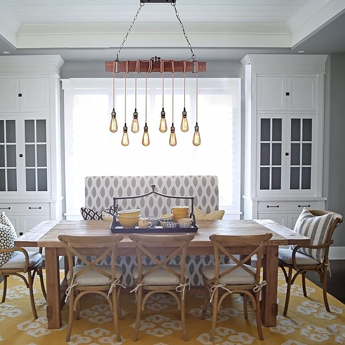 Farmhouse Pendant Lights Kitchen Island, Kitchen Light Fixtures, Rustic Dining Room Light Fixture with 8 E26 Bulb Sockets, Black Metal and Wood Beam Ceiling Pendant Light Fixtures, Hanging Lights