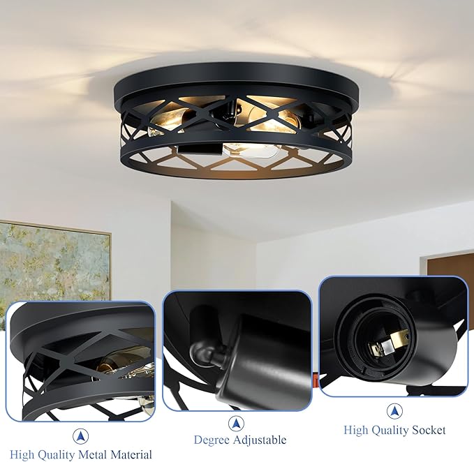 13in 3-Light Farmhouse Flush Mount Ceiling Light,Black Metal Cage Design,E26 Base Ceiling Fixtures for Kitchen Hallway Entryway (2 Pack)