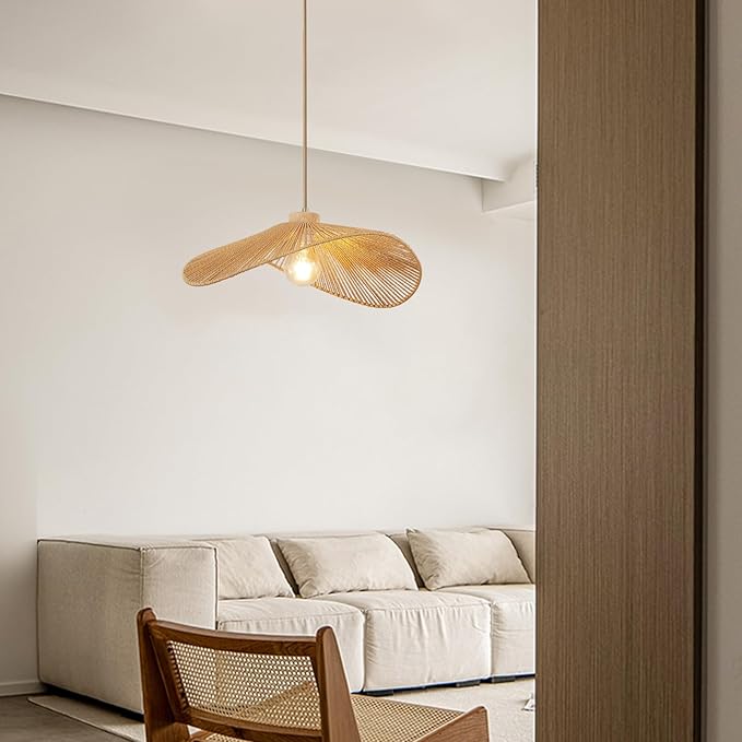 Boho Rattan Pendant Light Fixture Modern Style Hanging Light Bohia Natural Bamboo Handmade2-Light Hanging Lamp for Farmhouse Bedroom Living Room Dining Room M Size