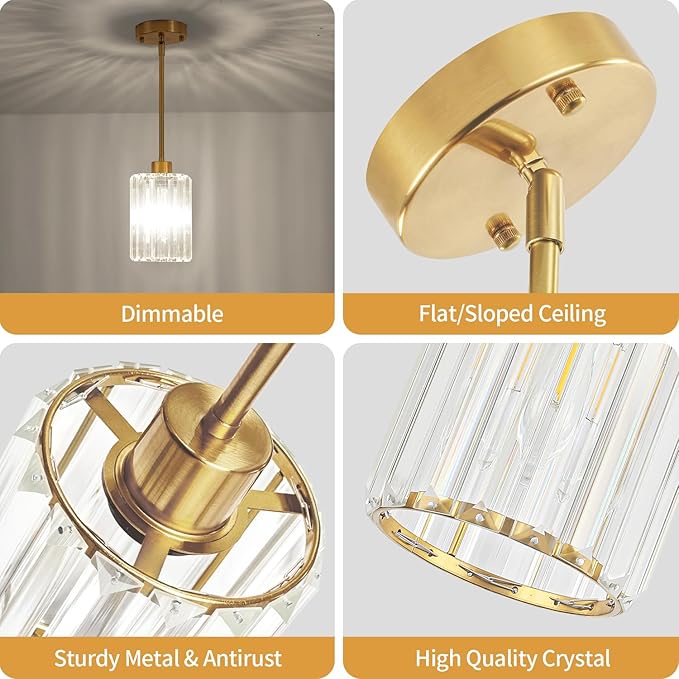 Modern Crystal Pendant Lights Kitchen Island, Brushed Brass Pendant Lighting Over Island Kitchen Hanging Light Fixtures Adjustable Mini Pendant Light for Dining Room Bathroom Entryway Hallway Foyer