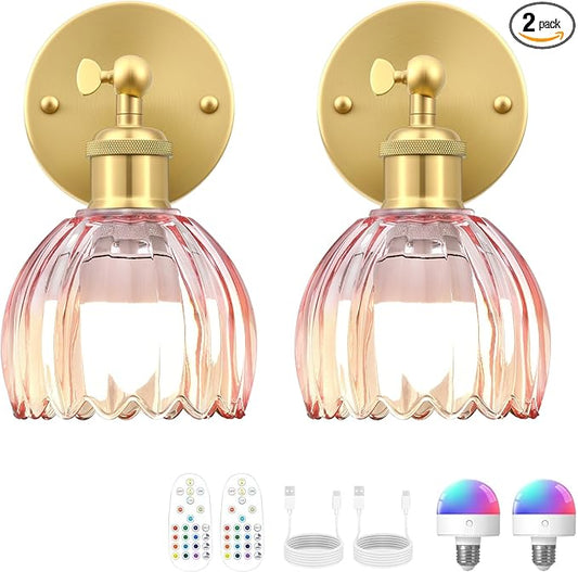 Vintage Battery Operated Wall Sconce, Pink Tulip Glass Lampshade Wireless Rechargeable Battery Powered LED Wall Light with Remote Dimmable for Bedside Bedroom Doorway Living Room, Set of 2