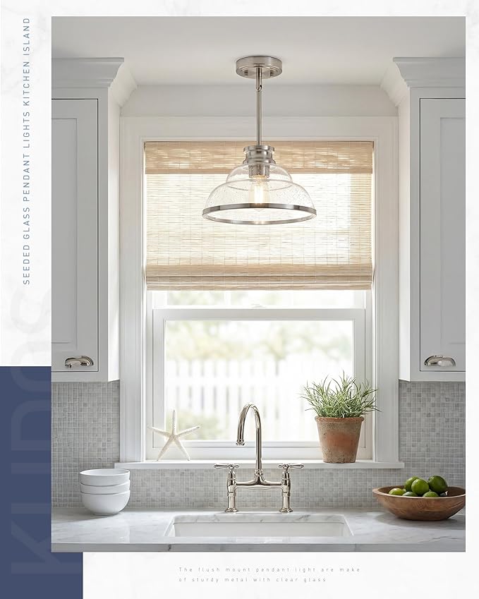 kudos 2 Pack Pendant Lights Kitchen Island, 11" Brushed Nickel Kitchen Island Lighting with Seeded Glass, Farmhouse Hanging Light Fixture for Kitchen Sink Dining Room Hallways, KDPL14-BN-2PK