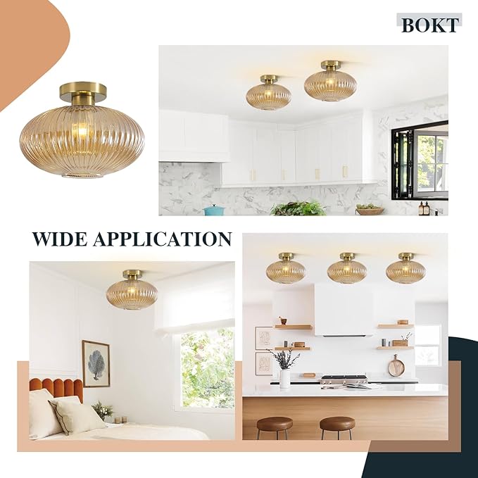 BOKT Brass Gold Semi Flush Mount Ceiling Lighting Amber Modern Schoolhouse Light Fixture Globe Glass Industrial Close to Ceiling Light with Glass Shade for Bathroom Entryway Farmhouse