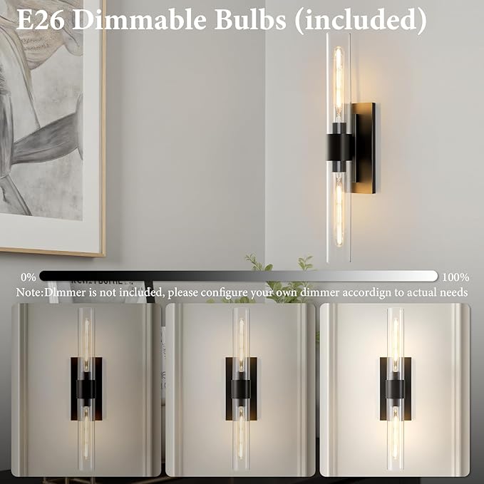 Black Brass Bathroom Wall Sconce - Set of 2 Modern Linear Light Sconces - Clear Glass Tube Vanity Lights - Vertical or Horizontal Mounted Dimmable Lighting Fixtures for Indoor Living Room Hallway