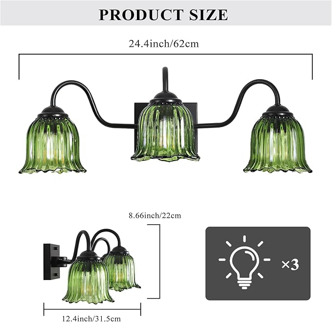 Vintage Bathroom Light Fixture, Black 3-Light Vanity Light Fixtures with Crystal Green Shades, Matte Vanity Lighting Fixture Modern Wall Sconces for Bedroom Dressing Room Living Room