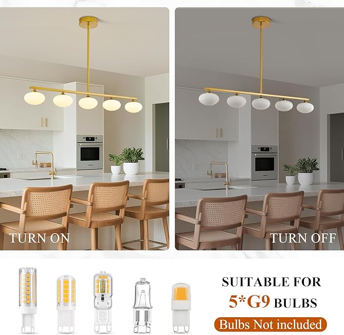 Gold Linear Chandelier, 5-Lights Kitchen Island Light, Dining Room Light Fixture Over Table, Mid Century Globe Chandelier
