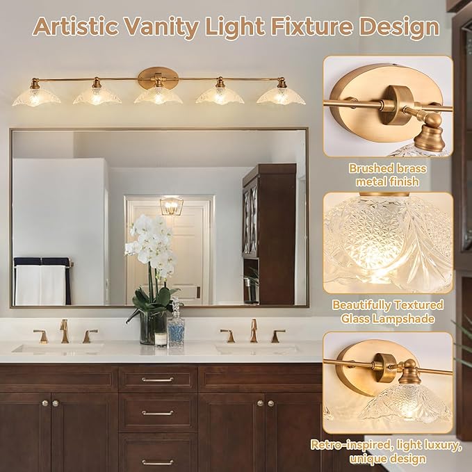 58.65-inch Bathroom Vanity Light, 5-Light Brass Vanity Light, European Classic Luxury Bathroom Mirror Light, E12 Sockets