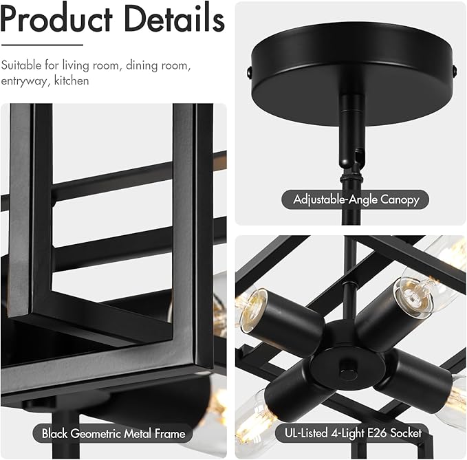 Modern Black Semi Flush Mount Ceiling Light Fixture 16.5", 4-Light Industrial Farmhouse Lighting for Kitchen Dining Room Living Room Entryway Bedroom Hallway, Sloped Ceiling Compatible, E26 Base